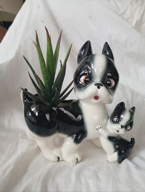 Vintage Japan Ceramic Boston Terrier Dog Planter - Mom & Puppy